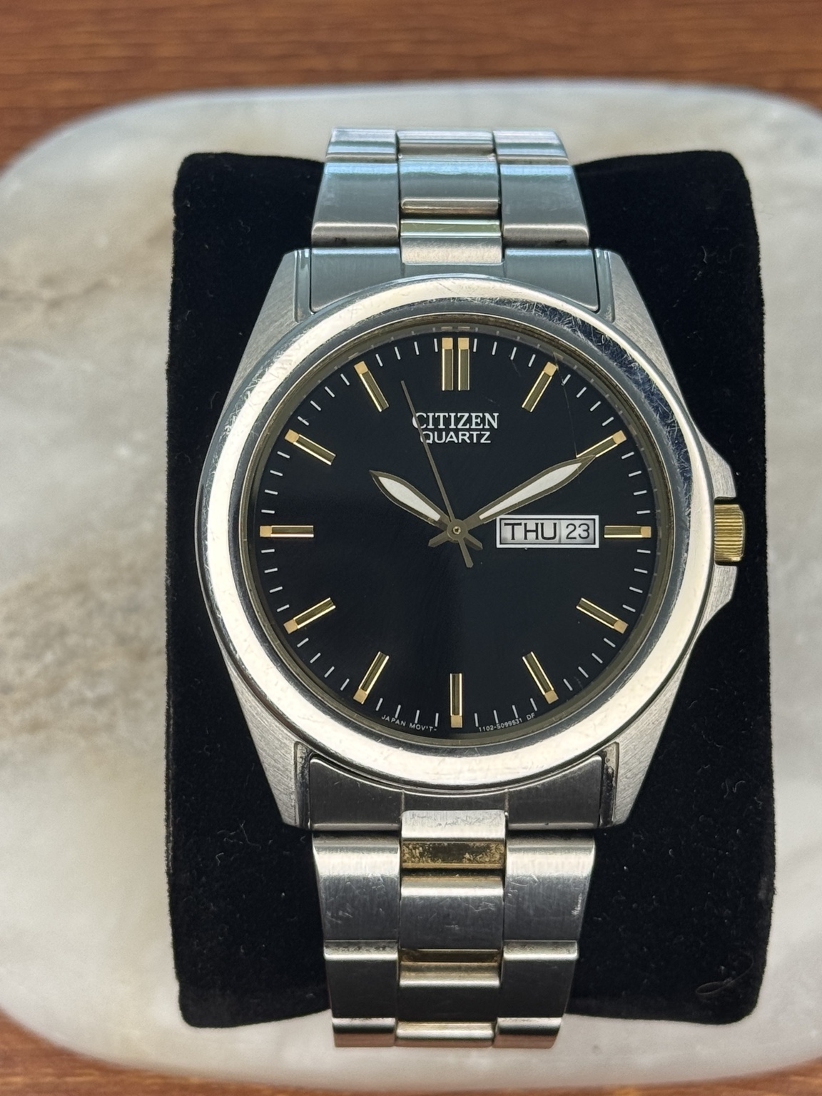 Original watch face and dial photograph of Citizen Quartz Black Dial Day-Date Stainless Steel Watch