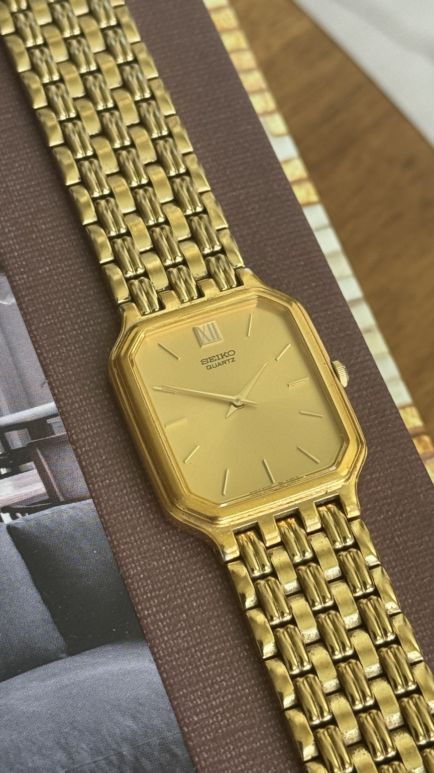 Original watch face and dial photograph of Seiko Quartz Gold-Tone Rectangular Dress Watch with Bracelet