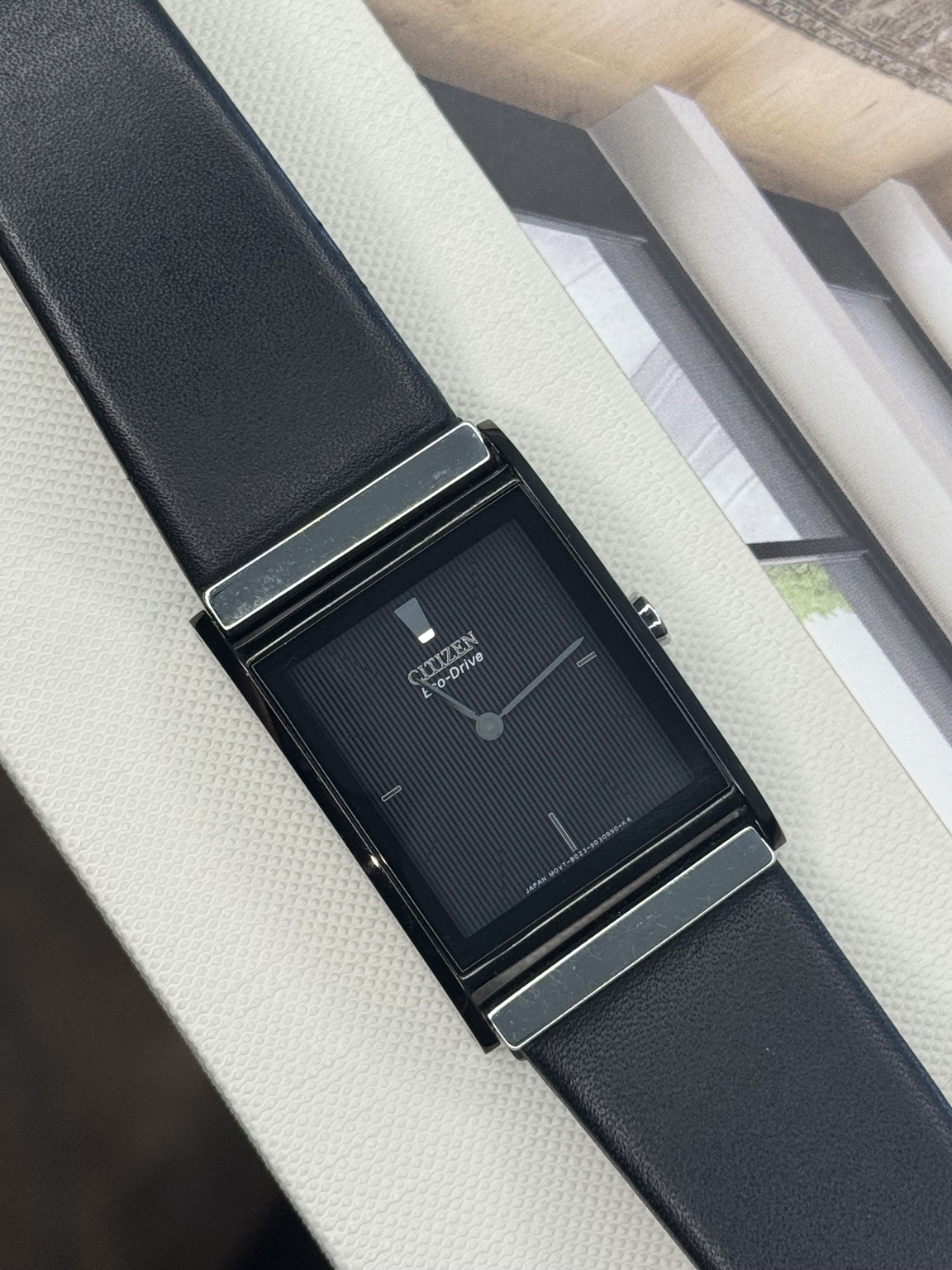 Original watch face and dial photograph of Citizen Eco-Drive Black Rectangular Dress Watch with Leather Strap