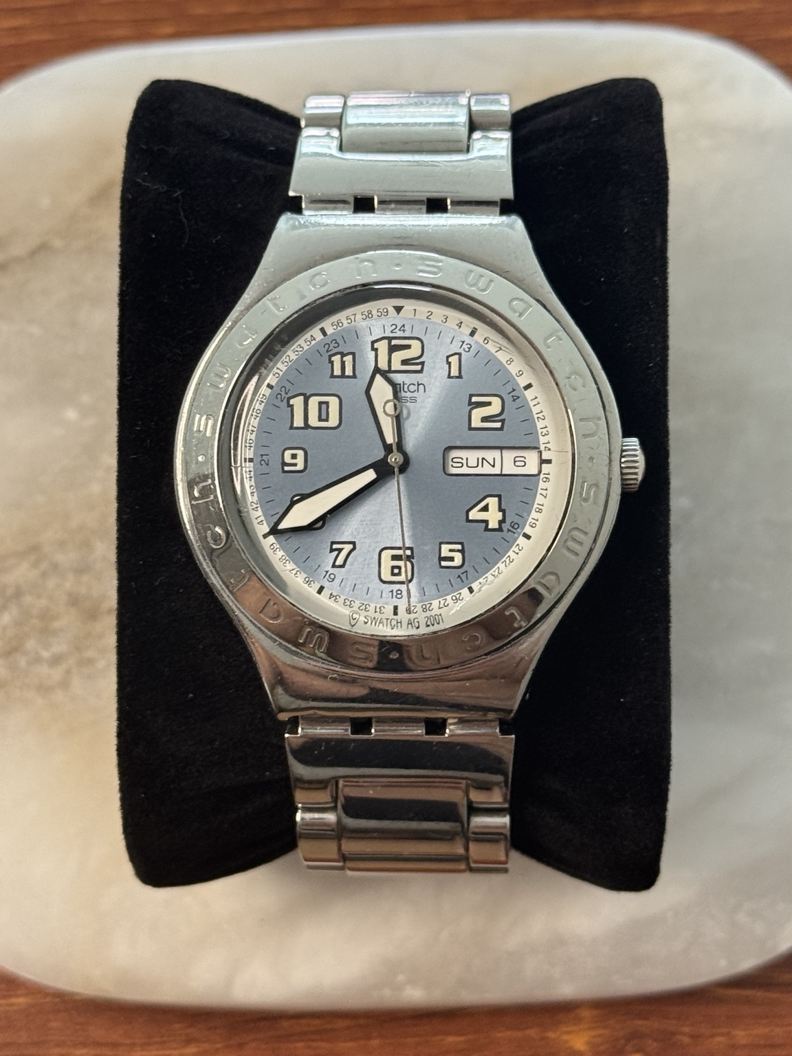 Original watch face and dial photograph of Swatch Irony Silver-Tone Watch with Blue Dial and Day-Date
