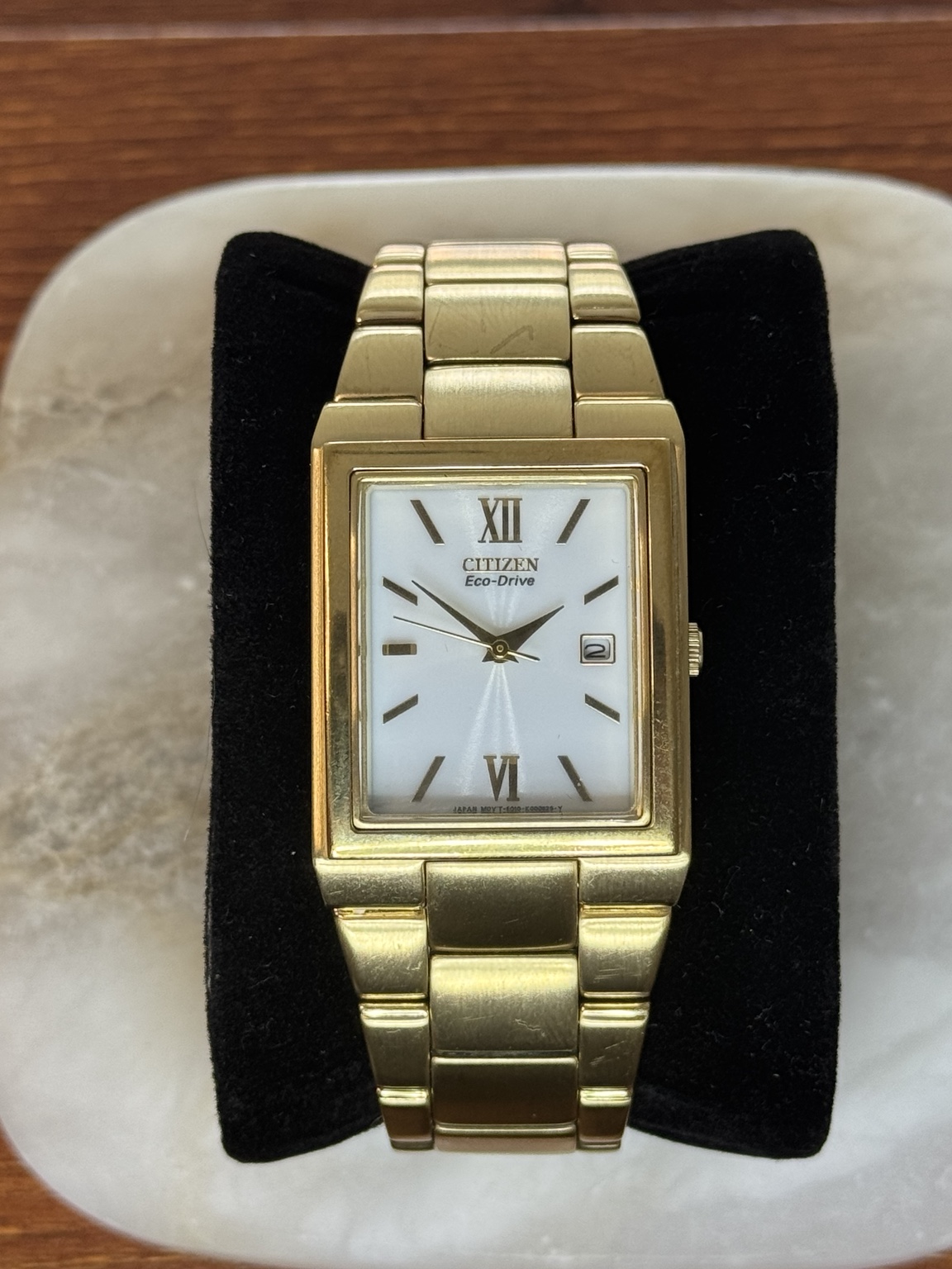 Original watch face and dial photograph of Citizen Eco-Drive Gold-Tone Rectangular Dress Watch with Date