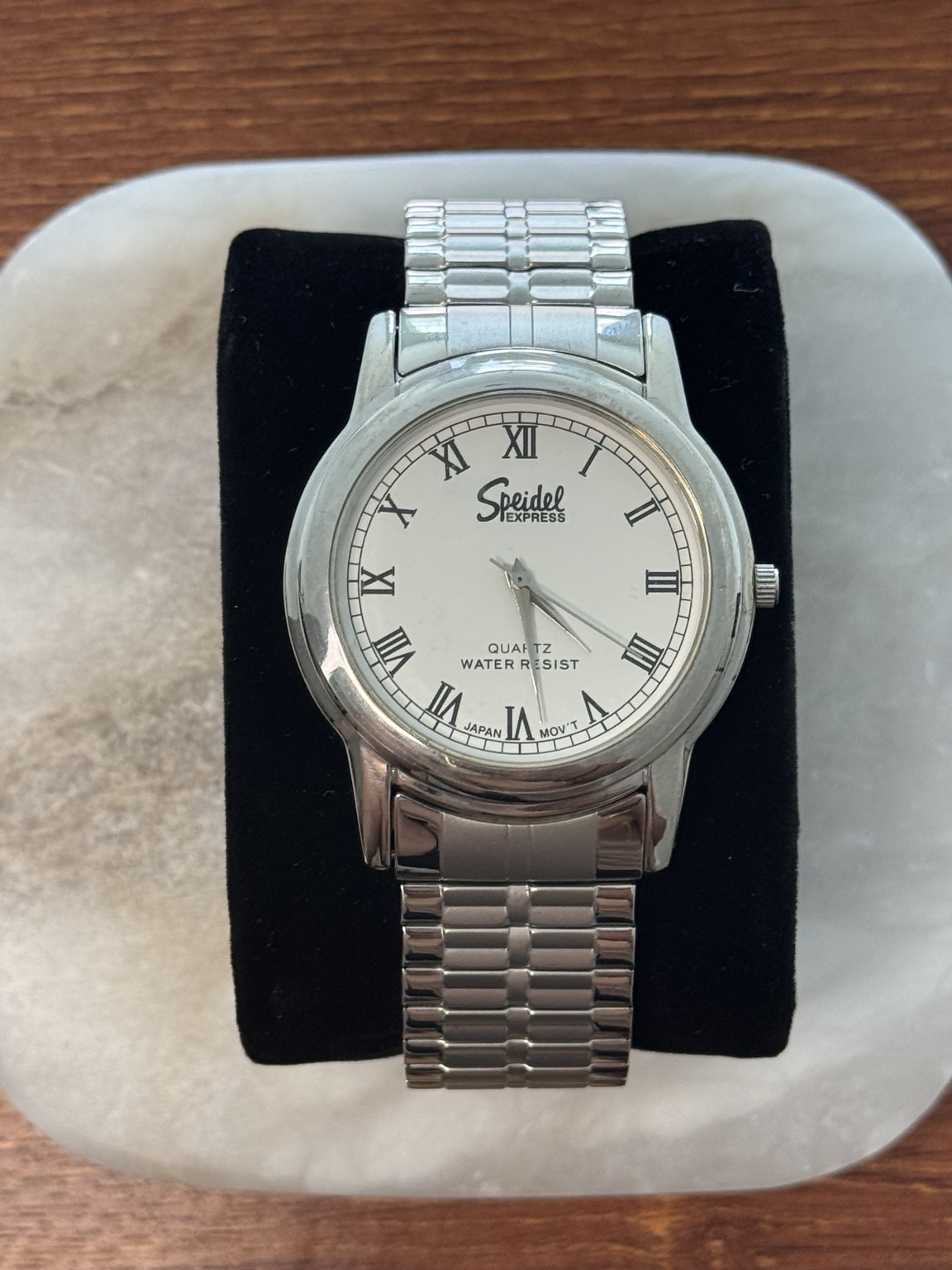 Original watch face and dial photograph of Speidel Express Silver-Tone Quartz Watch with Roman Numeral Dial